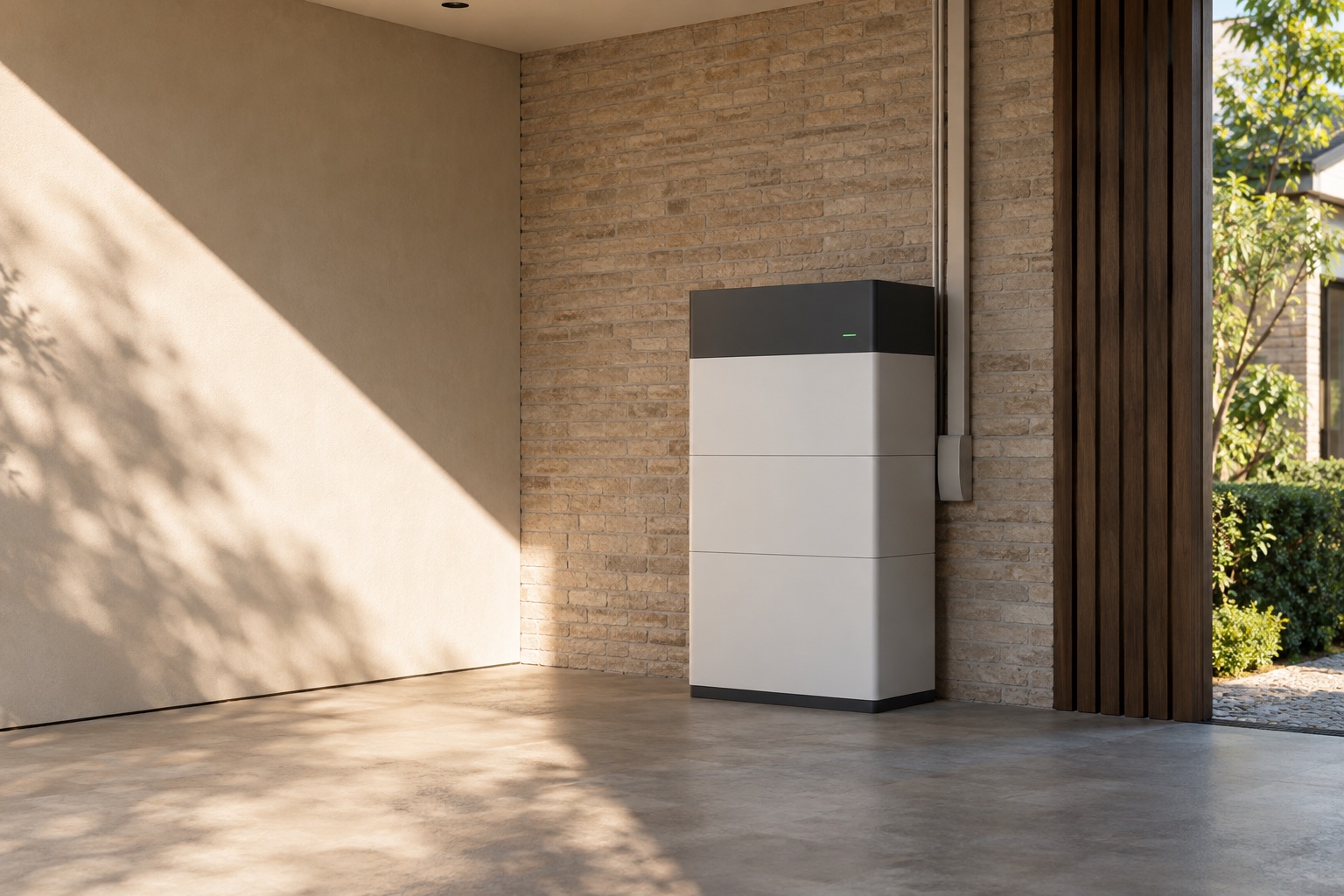 Illustratief beeld van een modulaire thuisbatterij in een rustige, overdekte opstelling